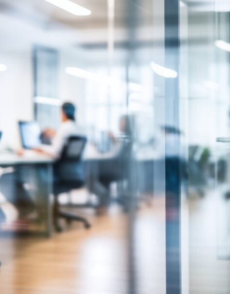 People working on computer pc behind glass wall, it specialists and programmers  working in open space modern office Background
